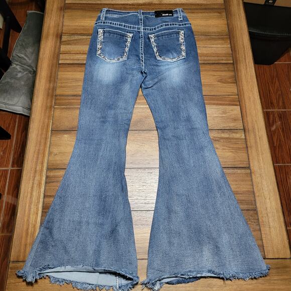Grace In LA High Waist Denim Jeans w/ Raw Hem Bell Bottoms & Bling - Size 28 - Picture 4 of 10